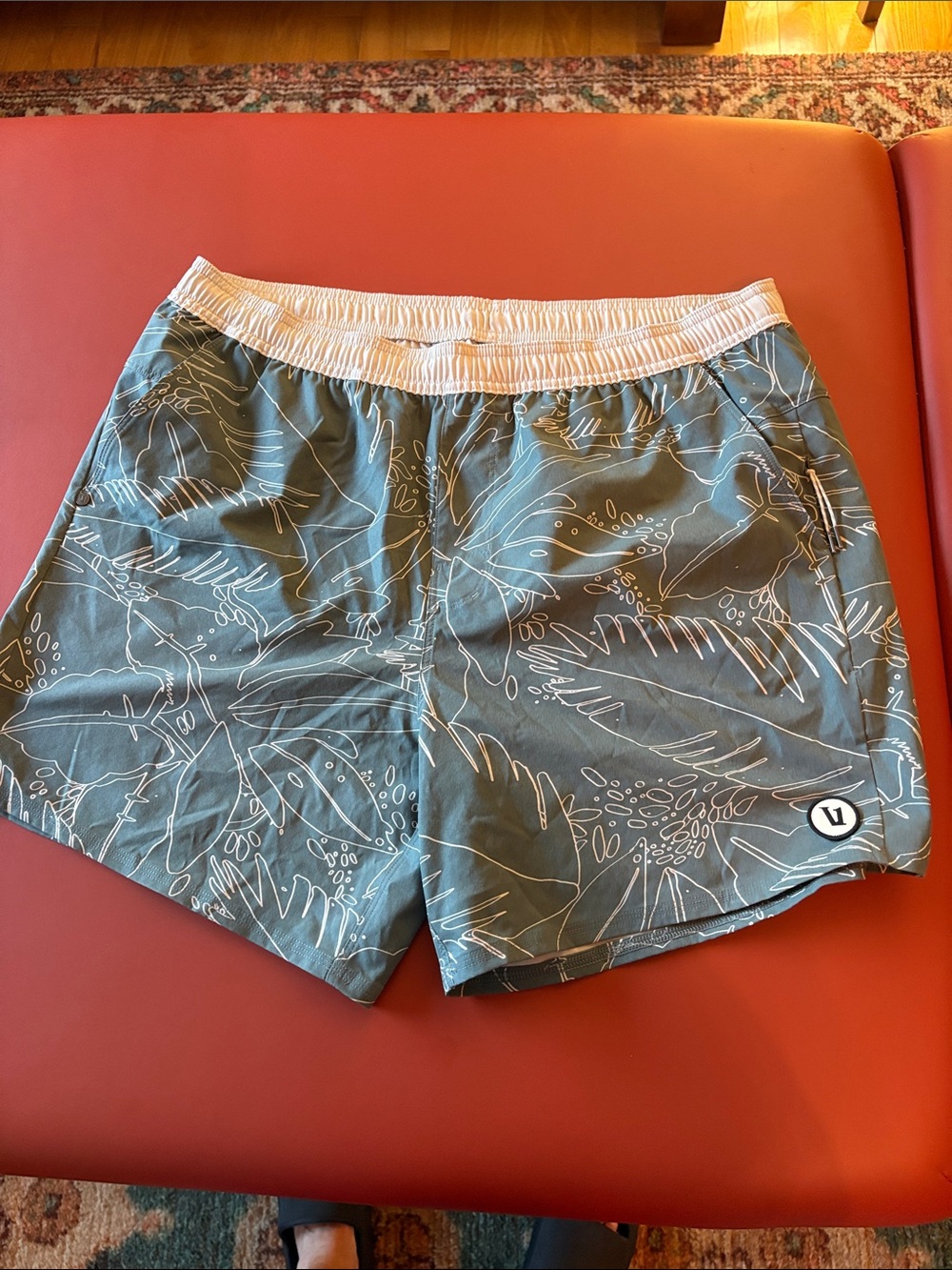 Vuori Olive Green Leaf-Print Swim Trunks